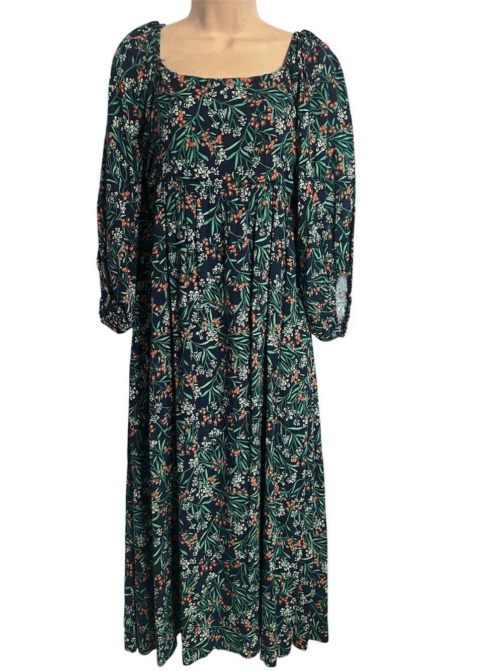 Anthro Lost + Wander Navy Blue Floral Wide Neckline 3/4 Puff Sleeve Maxi Dress S - Picture 3 of 11